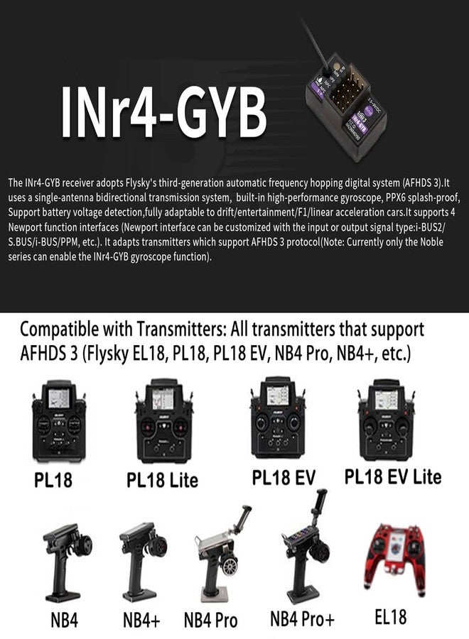 GoolRC Flysky INr4-GYB Receiver, 2.4GHz 4 Channels AFHDS 3 Receiver Single Antenna PWM/PPM/i-BUS2/S.Bus/i-Bus Data Output Compatible with Flysky Noble NB4+ NB4 Pro+ RC Transmitter for RC Car Boat - Image 2